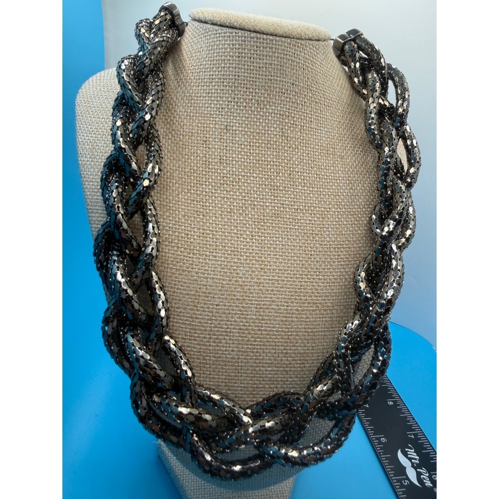 Chunky Gunmetal Mesh Braided Statement Necklace Metallic Collar Chain 18-21in